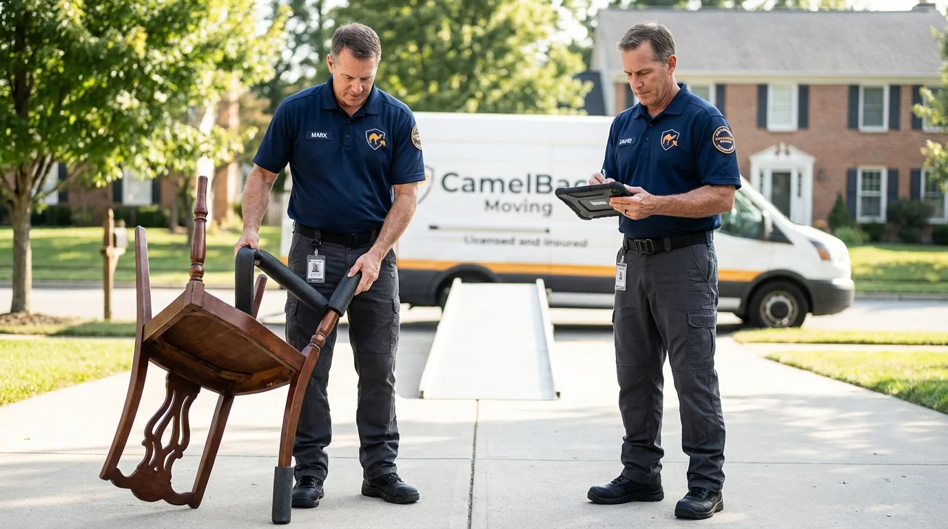 Movers inspecting furniture for damage prevention before loading in Quarryville, PA
