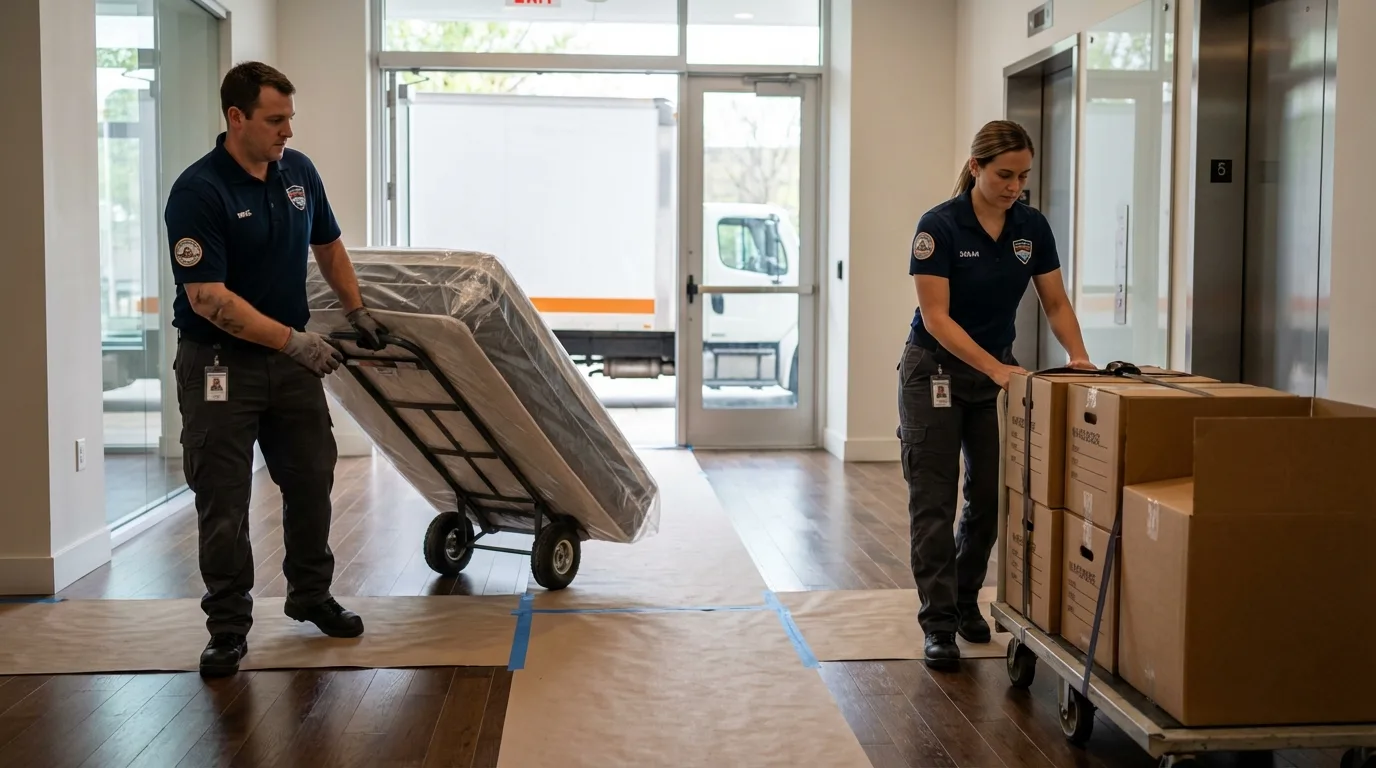 Professional apartment movers loading elevator in Quarryville, PA