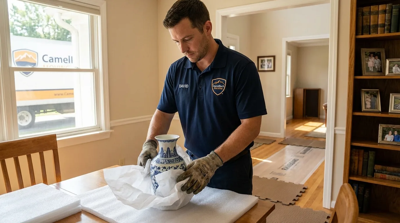 Professional crew carefully wrapping antique vase for senior downsizing move in Quarryville, PA